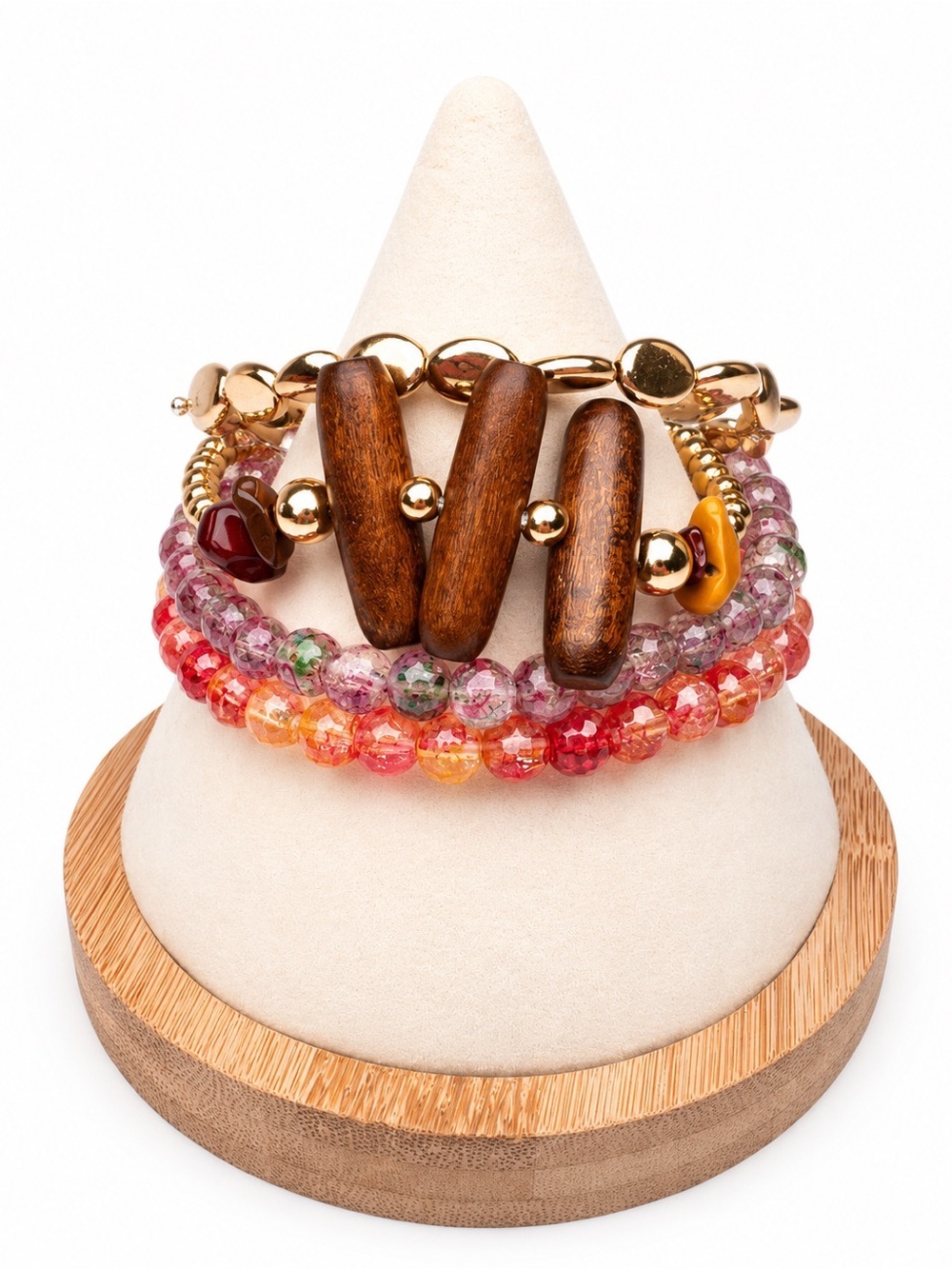 Boho Wood Bead Bracelet Stack Gold Tone Pink Stretch Layered Set Cabincore